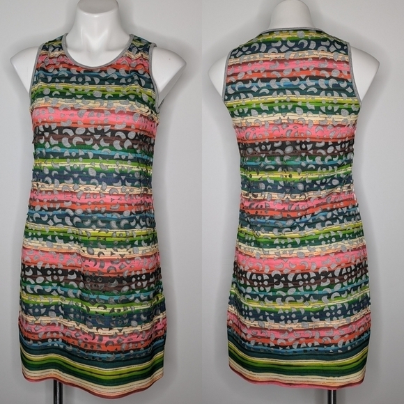 Desigual colorful rainbow laser cut knee length dress S - Picture 1 of 10